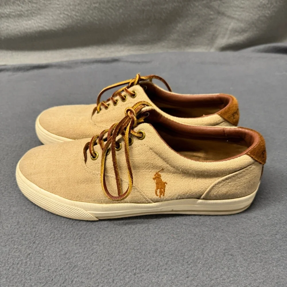Polo Ralph Lauren Sneakers Mens 8.5 D Vaughn Flax Linen Suede Tan Brown Preppy